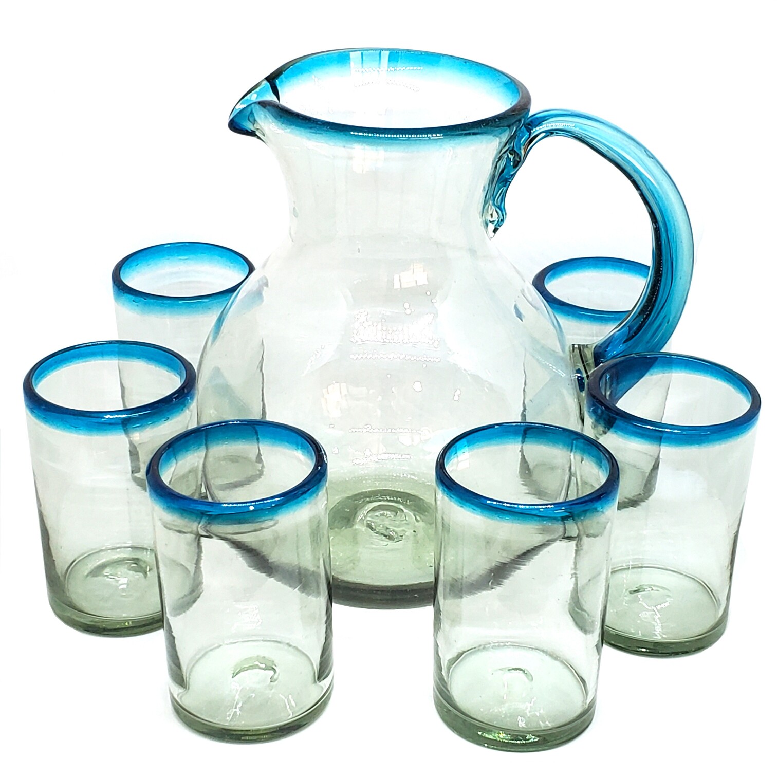 Juego de jarra y 6 vasos grandes con borde azul aqua, 120 oz, Vidrio Reciclado, Libre de Plomo y Toxinas